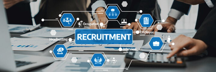 This image showcases professionals engaged in the recruitment process, focusing on teamwork, interviews, and collaboration in a modern office environment. Amity