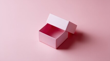 Fototapeta premium A simple pink box sits against a soft pink background. The lid is slightly open, inviting curiosity. This image captures a minimalist style, perfect for product packaging or creative projects. AI