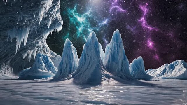 Surreal ice cave with galaxy background