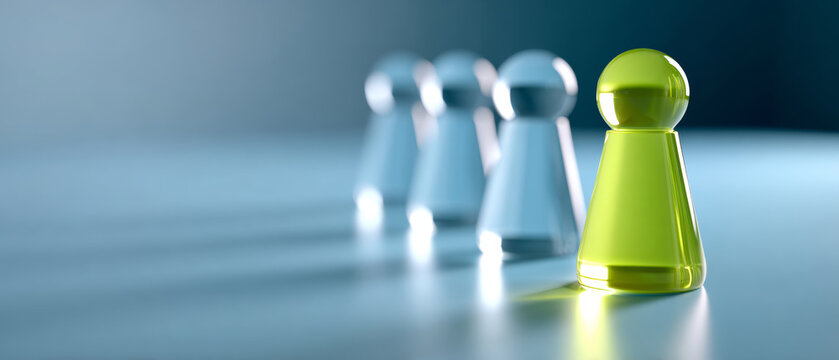 Close-up of a single green chess pawn standing out in front of a row of blurred white pawns on a reflective surface with soft lighting