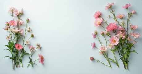 Fototapeta premium Pink cosmos flowers arranged symmetrically on light blue background. Delicate blooms, simple composition, soft lighting.