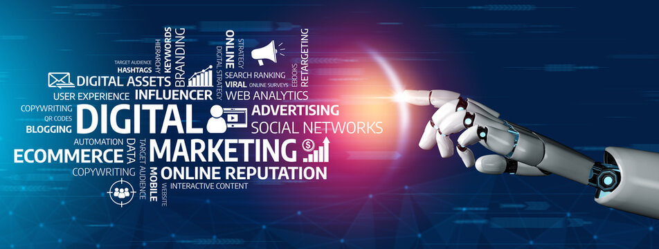 A robotic hand illustrates the intersection of technology and digital marketing, showcasing key concepts like analytics and social networks in a modern landscape. Tessel