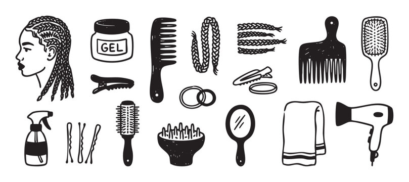 Hand-drawn black and white illustration set of hair styling tools and accessories for braided hairstyles, featuring a comb, brush, hairdryer, gel, and a woman's profile