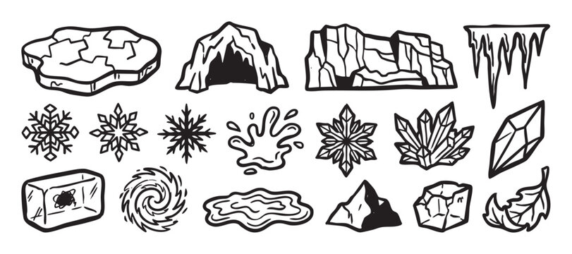 Set of hand-drawn winter icons featuring snowflakes, ice crystals, icicles, a frozen cave, and mountains in a black and white doodle style illustration for cold weather themes