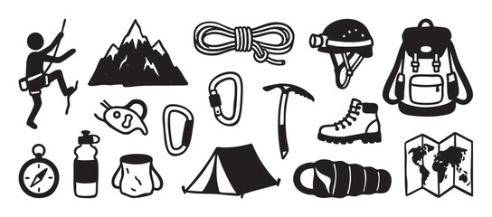 Fototapeta premium Collection of black graphic icons for mountaineering and hiking, including a climber, rope, tent, backpack, and ice axe in a hand-drawn doodle style
