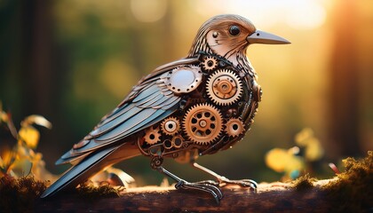 mechanical bird with gears and cogs sitting on a natural background in soft focus
