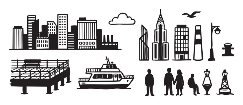 Black and white collection of city waterfront icons featuring a skyline, ferry boat, pier, and people silhouettes in a simple, graphic, hand-drawn illustration style