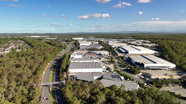 Heathwood Industrial Zone, Brisbane, Queensland, Australia &ndash; 4K aerial drone footage of warehouses, logistics facilities, industrial estates, freight roads, outer south-western city near Forest Lake
