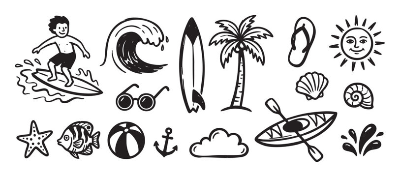 Set of hand-drawn summer beach icons including a surfer, palm tree, ocean wave, sun, and surfboard in a simple black and white doodle style illustration for vacation concepts