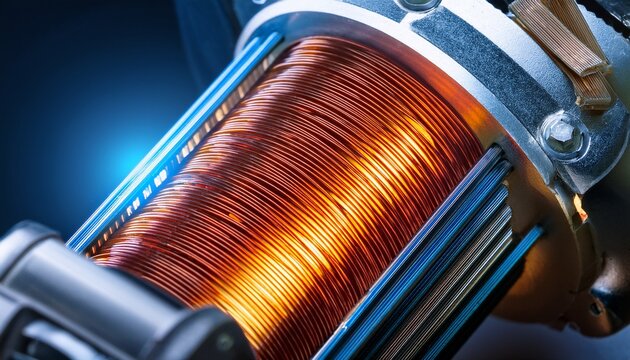 close up view of the internal components of a brushless dc motor with a glowing coil effect that highlights the energy transfer and dynamic motion within the mechanical device
