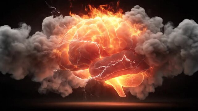 A glowing human brain is engulfed in fire and surrounded by smoke against a dark background