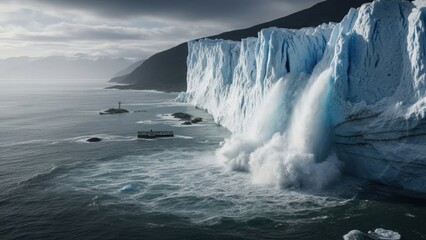 Dramatic iceberg calving in Arctic ocean with crashing waves and misty atmosphere