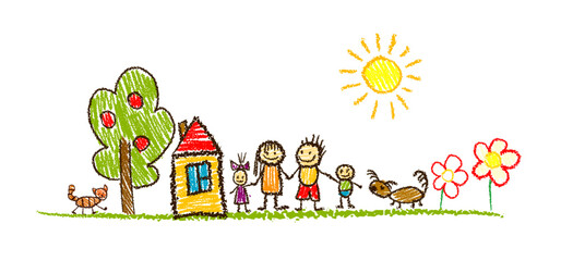 Chalk hand-drawn Family simple children's drawing. Not AI, Vector illustration