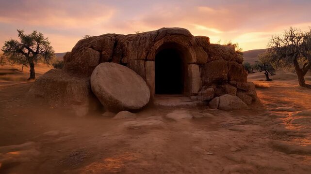 Empty tomb of Jesus Christ at dawn with sunlight shining on the landscape in Easter celebration