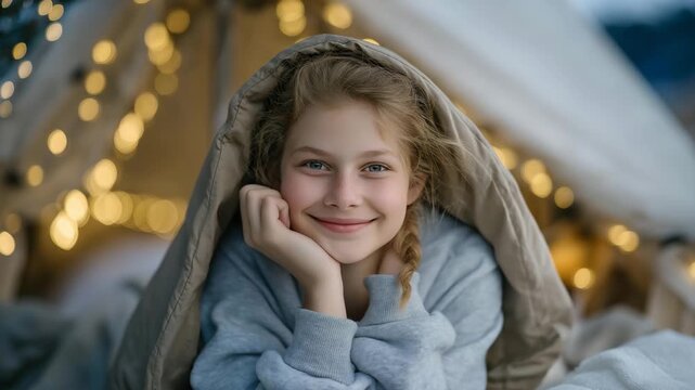 A teenager tucked into a sleeping bag under a backyard canopy of fairy lights, enjoying a cozy DIY camping experience that blends comfort, nostalgia, and outdoor imagination. cinematic color