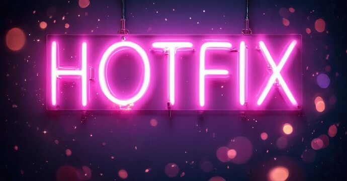 Bright pink neon sign displays HOTFIX. Dark background features blurred bokeh effects, creating vibrant atmosphere.