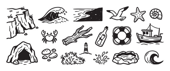 Fototapeta premium Collection of hand-drawn nautical icons in a simple black and white doodle style, featuring a wave, cliff, boat, lighthouse, and sea creatures