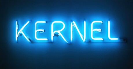 Bright blue neon sign spells KERNEL against dark background. Simple typography, modern aesthetic, vibrant illumination.