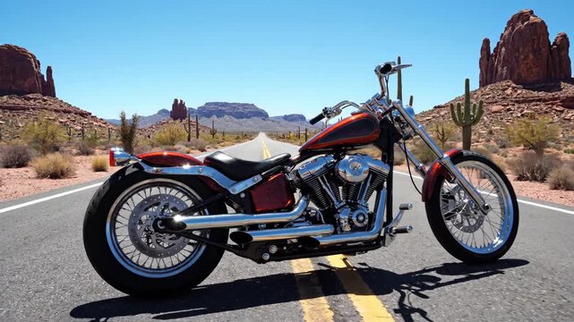 Custom orange chopper motorcycle on desert highway. Chrome engine, spoked wheels, and desert landscape with rocks and cactus.