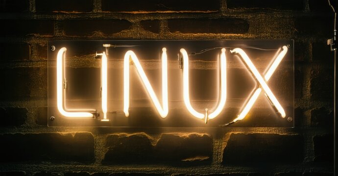 Bright neon sign spells LINUX against dark brick wall. Warm glow illuminates textured surface, creating dramatic effect.