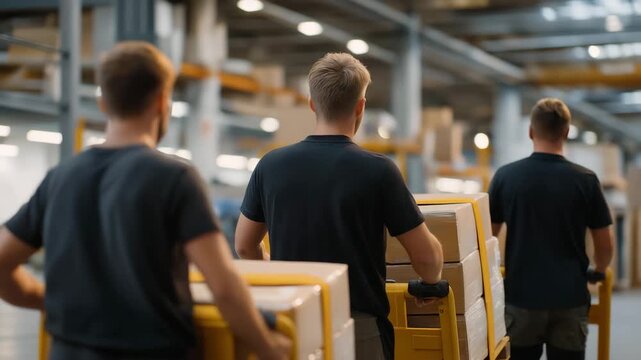 Cargo handlers using hand trucks to transport goods through a busy warehouse, showcasing the hustle of logistics as they navigate through aisles filled with products ready for shipment. cinematic