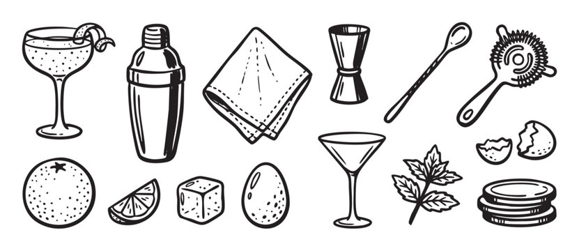 Hand-drawn set of black and white bartending tools and cocktail ingredients including a shaker, jigger, strainer, glasses, citrus, ice, and mint in a doodle sketch style
