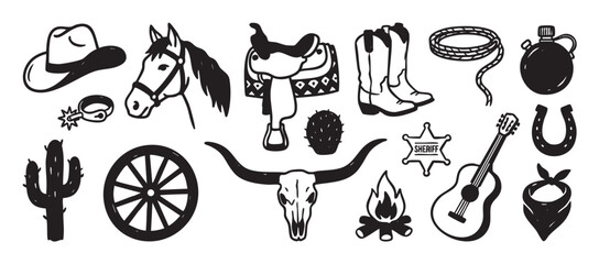 Obraz premium Collection of hand-drawn western icons featuring a cowboy hat, horse, saddle, boots, and longhorn skull, illustrated in a simple black and white doodle or stamp style