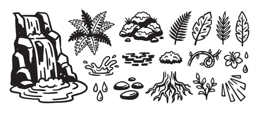 Hand-drawn black and white nature elements set including a waterfall, rocks, leaves, and plants in a simple doodle style illustration for graphic design projects