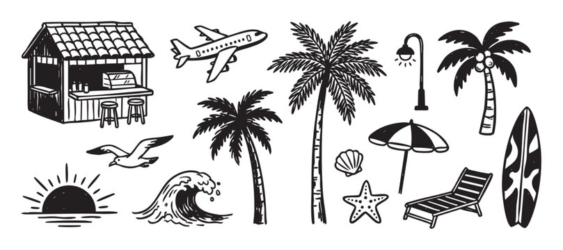 Hand-drawn set of tropical summer vacation elements including a palm tree, surfboard, beach bar, airplane, and wave in a black and white doodle sketch illustration style