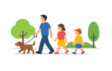 Family walking dog in park: cartoon illustration of outdoor leisure activity