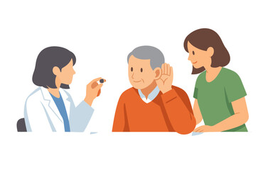 Fototapeta premium Elderly caucasian male receives hearing aid from female doctor with supportive young female