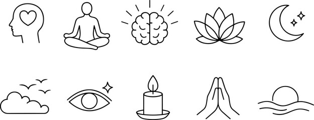 Set of black line icons representing mental health and mindfulness including brain, heart, meditation pose, lotus flower, sleep, breathing, moon, awareness, and emotional care. Minimalist outline icon