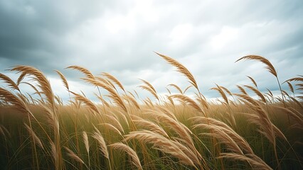 A field of tall grass swaying in strong wind under a dramatic cloudy sky.