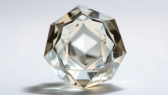 A naturally formed icosahedral crystal mineral, refracting geometric light in soft natural lighting against a clean background.