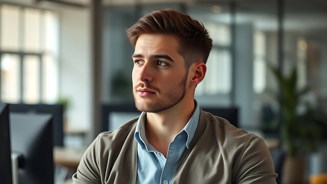 A professional man working at a modern office desk, focused expression.