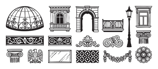 Set of hand-drawn vintage architectural elements including a dome, balcony, arch, column, lamppost, and decorative ornaments in a black and white classic illustration style