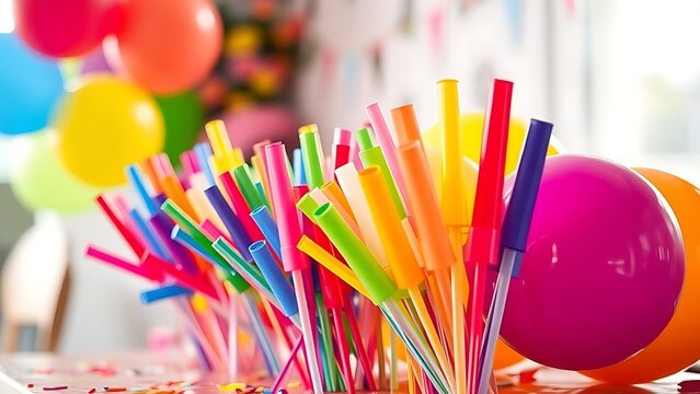 Colorful party blowers and balloons on a table, festive celebration with soft lighting.
