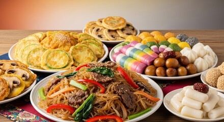 Assortment of diverse korean traditional festive dishes displayed on wooden table