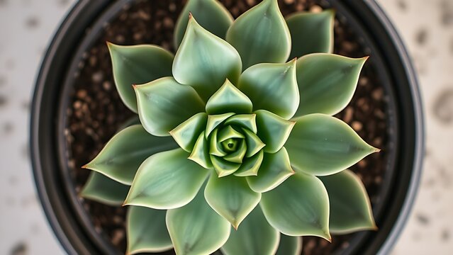 A succulent plant with a central stem and eight plump leaves, top-down view.