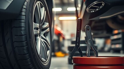 Automotive maintenance scene with tire and tools in a workshop.