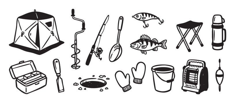Set of black and white ice fishing equipment icons including a tent, auger, rod, and fish, hand-drawn in a simple doodle style for winter hobby and sport concepts