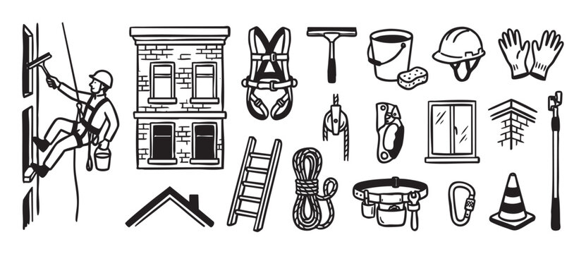 Set of hand-drawn line art icons representing high-rise window cleaning and industrial rope access work, including a worker, safety harness, squeegee, bucket, and climbing gear