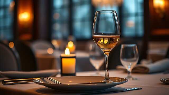 Elegant dining table with wine glass and plate, bathed in soft candlelight for an intimate atmosphere.
