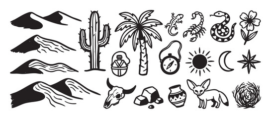 Obraz premium Collection of black hand-drawn desert icons in a rustic linocut style, featuring a cactus, palm tree, snake, scorpion, fennec fox, skull, and sand dunes