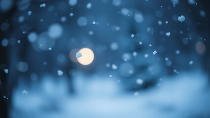 Dreamy winter scene with soft snowfall and cool blue tones, evoking a serene atmosphere.