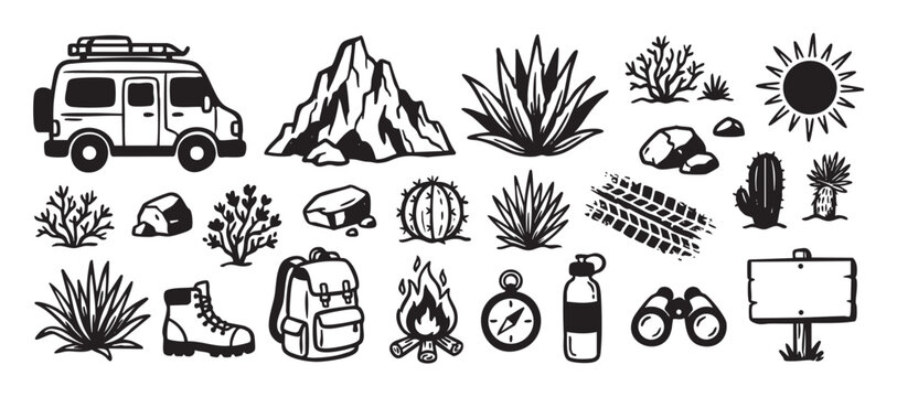 Collection of hand-drawn black desert adventure icons including a camper van, mountain, cactus, and hiking gear in a rustic, doodle style illustration set for travel themes