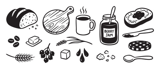 Fototapeta na wymiar Hand drawn black and white breakfast food illustrations featuring bread, berry jam, a coffee mug, butter, toast, and a cutting board in a simple doodle sketch style collection