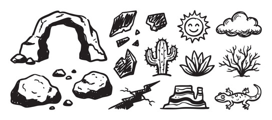 Fototapeta premium Collection of hand drawn desert nature icons in a black and white sketch style, featuring a cactus, smiling sun, rock arch, lizard, butte, and other western elements