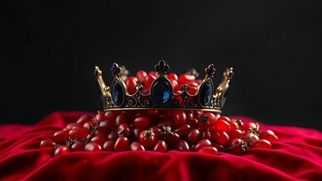 Obsidian crown and pomegranate seeds on crimson velvet in dramatic lighting.