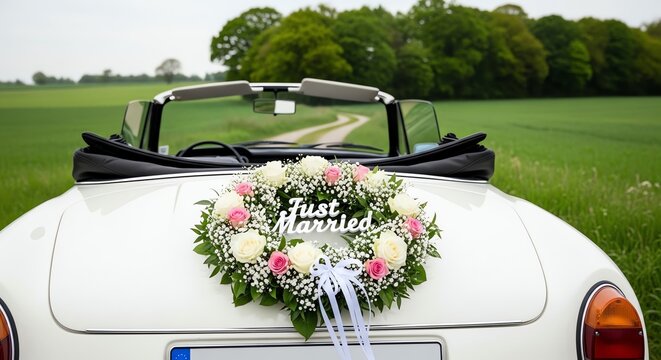 White convertible car with floral wedding decoration